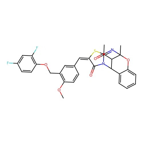 (13E)-16-acetyl-13-[[3-[(2,4-difluorophenoxy)methyl]-4-methoxyphenyl]methylidene]-9-methyl-8-oxa-12-thia-10,15-diazatetracyclo[7.6.1.02,7.011,15]hexadeca-2,4,6,10-tetraen-14-one structure