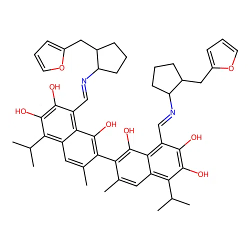 (1Z)-1-[[[2-(furan-2-ylmethyl)cyclopentyl]amino]methylidene]-7-[(8Z)-8-[[[2-(furan-2-ylmethyl)cyclopentyl]amino]methylidene]-1,6-dihydroxy-3-methyl-7-oxo-5-propan-2-ylnaphthalen-2-yl]-3,8-dihydroxy-6-methyl-4-propan-2-ylnaphthalen-2-one structure