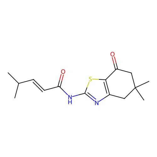 (E)-N-(5,5-dimethyl-7-oxo-4,6-dihydro-1,3-benzothiazol-2-yl)-4-methylpent-2-enamide structure