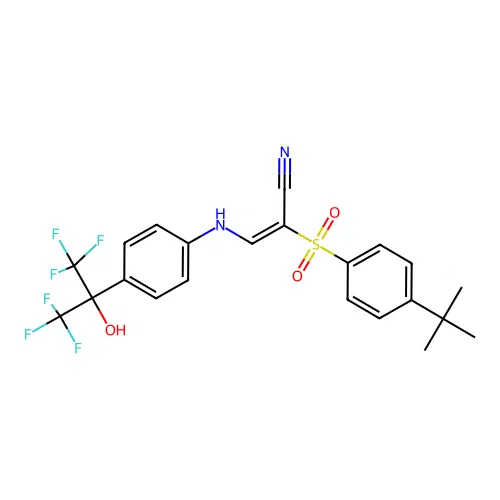 (E)-2-(4-tert-butylphenyl)sulfonyl-3-[4-(1,1,1,3,3,3-hexafluoro-2-hydroxypropan-2-yl)anilino]prop-2-enenitrile structure