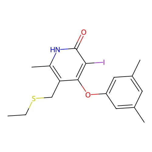 4-(3,5-dimethylphenoxy)-5-(ethylsulfanylmethyl)-3-iodo-6-methyl-1H-pyridin-2-one structure