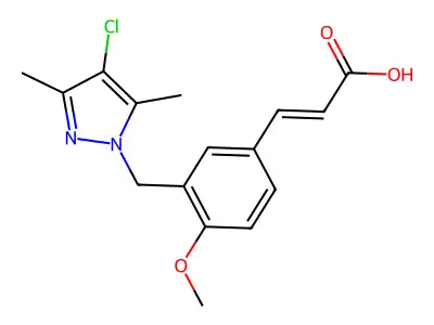 (2E)-3-{3-[(4-chloro-3,5-dimethyl-1H-pyrazol-1-yl)methyl]-4-methoxyphenyl}acrylic acid structure
