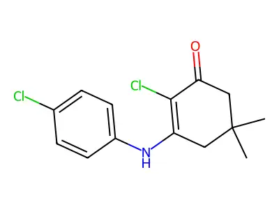 2-Chloro-3-[(4-chlorophenyl)amino]-5,5-dimethylcyclohex-2-en-1-one structure
