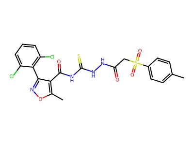 N-[({[3-(2,6-dichlorophenyl)-5-methyl-1,2-oxazol-4-yl]formamido}methanethioyl)amino]-2-(4-methylbenzenesulfonyl)acetamide structure