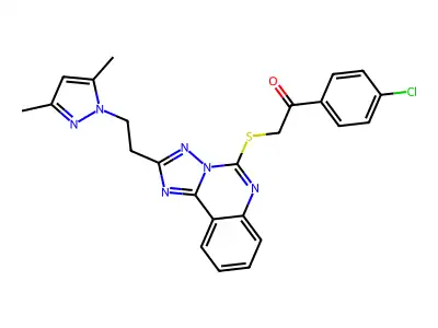 1-(4-chlorophenyl)-2-({2-[2-(3,5-dimethyl-1H-pyrazol-1-yl)ethyl]-[1,2,4]triazolo[1,5-c]quinazolin-5-yl}sulfanyl)ethan-1-one structure
