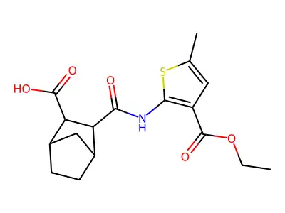 3-{[3-(ethoxycarbonyl)-5-methylthiophen-2-yl]carbamoyl}bicyclo[2.2.1]heptane-2-carboxylic acid structure