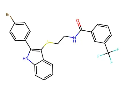 N-[2-[[2-(4-bromophenyl)-1H-indol-3-yl]sulfanyl]ethyl]-3-(trifluoromethyl)benzamide structure