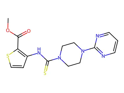 methyl 3-{[4-(pyrimidin-2-yl)piperazine-1-carbothioyl]amino}thiophene-2-carboxylate structure