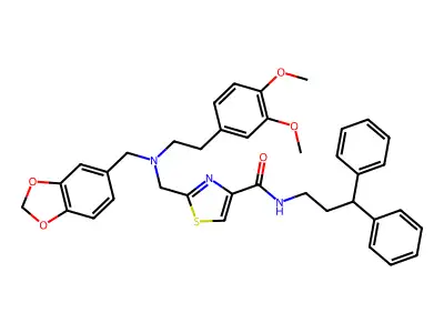 2-[[(1,3-Benzodioxol-5-ylmethyl)[2-(3,4-dimethoxyphenyl)ethyl]amino]methyl]-N-(3,3-diphenylpropyl)-4-thiazolecarboxamide structure