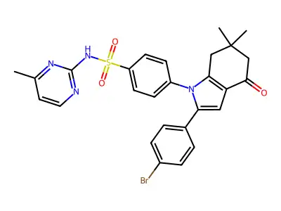 4-[2-(4-bromophenyl)-6,6-dimethyl-4-oxo-5,7-dihydroindol-1-yl]-N-(4-methylpyrimidin-2-yl)benzenesulfonamide structure