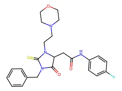 2-[1-benzyl-3-(2-morpholin-4-ylethyl)-5-oxo-2-sulfanylideneimidazolidin-4-yl]-N-(4-fluorophenyl)acetamide structure