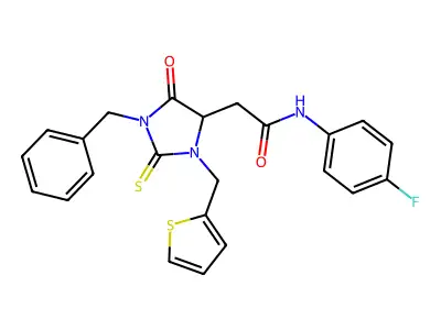 2-[1-benzyl-5-oxo-2-sulfanylidene-3-(thiophen-2-ylmethyl)imidazolidin-4-yl]-N-(4-fluorophenyl)acetamide structure