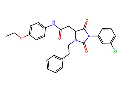 2-[1-(3-chlorophenyl)-2,5-dioxo-3-(2-phenylethyl)imidazolidin-4-yl]-N-(4-ethoxyphenyl)acetamide structure