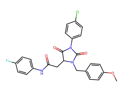 2-[1-(4-chlorophenyl)-3-[(4-methoxyphenyl)methyl]-2,5-dioxoimidazolidin-4-yl]-N-(4-fluorophenyl)acetamide structure