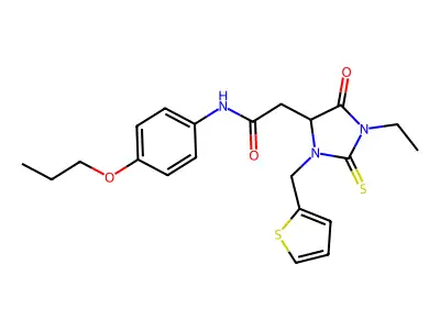2-[1-ethyl-5-oxo-2-sulfanylidene-3-(thiophen-2-ylmethyl)imidazolidin-4-yl]-N-(4-propoxyphenyl)acetamide structure