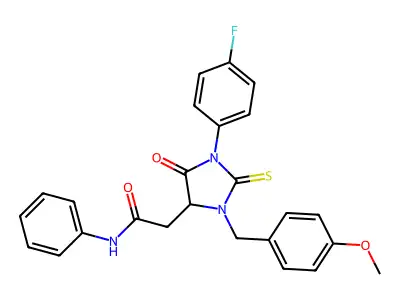 2-[1-(4-fluorophenyl)-3-(4-methoxybenzyl)-5-oxo-2-thioxoimidazolidin-4-yl]-N-phenylacetamide structure