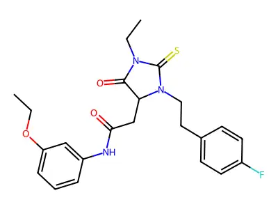 N-(3-ethoxyphenyl)-2-[1-ethyl-3-[2-(4-fluorophenyl)ethyl]-5-oxo-2-sulfanylideneimidazolidin-4-yl]acetamide structure