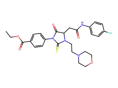 ethyl 4-[4-[2-(4-fluoroanilino)-2-oxoethyl]-3-(2-morpholin-4-ylethyl)-5-oxo-2-sulfanylideneimidazolidin-1-yl]benzoate structure