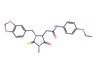 2-[3-(1,3-benzodioxol-5-ylmethyl)-1-methyl-5-oxo-2-sulfanylideneimidazolidin-4-yl]-N-(4-ethoxyphenyl)acetamide structure