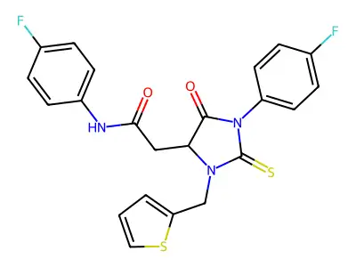N-(4-fluorophenyl)-2-[1-(4-fluorophenyl)-5-oxo-2-sulfanylidene-3-(thiophen-2-ylmethyl)imidazolidin-4-yl]acetamide structure
