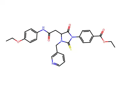 ethyl 4-[4-{2-[(4-ethoxyphenyl)amino]-2-oxoethyl}-5-oxo-3-(pyridin-3-ylmethyl)-2-thioxoimidazolidin-1-yl]benzoate structure
