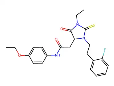 N-(4-ethoxyphenyl)-2-[1-ethyl-3-[2-(2-fluorophenyl)ethyl]-5-oxo-2-sulfanylideneimidazolidin-4-yl]acetamide structure