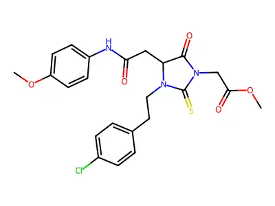 methyl (3-[2-(4-chlorophenyl)ethyl]-4-{2-[(4-methoxyphenyl)amino]-2-oxoethyl}-5-oxo-2-thioxoimidazolidin-1-yl)acetate structure