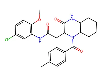 N-(5-chloro-2-methoxyphenyl)-2-{1-[(4-methylphenyl)carbonyl]-3-oxodecahydroquinoxalin-2-yl}acetamide structure