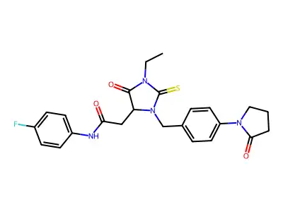 2-[1-ethyl-5-oxo-3-[[4-(2-oxopyrrolidin-1-yl)phenyl]methyl]-2-sulfanylideneimidazolidin-4-yl]-N-(4-fluorophenyl)acetamide structure