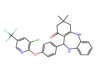 6-[4-[3-chloro-5-(trifluoromethyl)pyridin-2-yl]oxyphenyl]-9,9-dimethyl-6,8,10,11-tetrahydro-5H-benzo[b][1,4]benzodiazepin-7-one structure