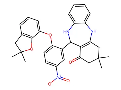 6-[2-[(2,2-dimethyl-3H-1-benzofuran-7-yl)oxy]-5-nitrophenyl]-9,9-dimethyl-6,8,10,11-tetrahydro-5H-benzo[b][1,4]benzodiazepin-7-one structure
