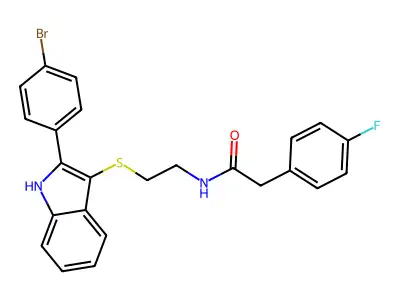 N-[2-[[2-(4-bromophenyl)-1H-indol-3-yl]sulfanyl]ethyl]-2-(4-fluorophenyl)acetamide structure