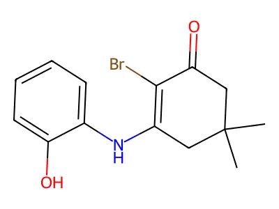 2-Bromo-3-(2-hydroxyanilino)-5,5-dimethylcyclohex-2-en-1-one structure