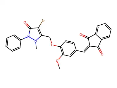 2-({4-[(4-bromo-2-methyl-5-oxo-1-phenyl-2,5-dihydro-1H-pyrazol-3-yl)methoxy]-3-methoxyphenyl}methylene)-1H-indene-1,3(2H)-dione structure