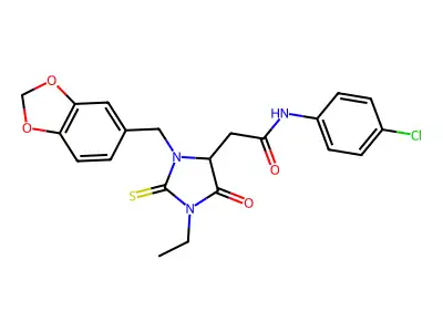 2-[3-(1,3-benzodioxol-5-ylmethyl)-1-ethyl-5-oxo-2-thioxoimidazolidin-4-yl]-N-(4-chlorophenyl)acetamide structure
