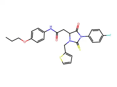 2-[1-(4-fluorophenyl)-5-oxo-2-sulfanylidene-3-(thiophen-2-ylmethyl)imidazolidin-4-yl]-N-(4-propoxyphenyl)acetamide structure