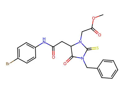methyl (3-benzyl-5-{2-[(4-bromophenyl)amino]-2-oxoethyl}-4-oxo-2-thioxo-1-imidazolidinyl)acetate structure