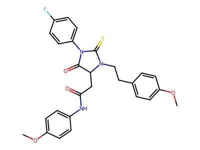 2-{1-(4-fluorophenyl)-3-[2-(4-methoxyphenyl)ethyl]-5-oxo-2-thioxoimidazolidin-4-yl}-N-(4-methoxyphenyl)acetamide structure