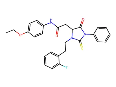 N-(4-ethoxyphenyl)-2-{3-[2-(2-fluorophenyl)ethyl]-5-oxo-1-phenyl-2-thioxoimidazolidin-4-yl}acetamide structure