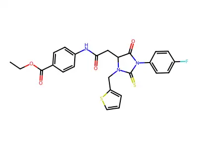 ethyl 4-({[1-(4-fluorophenyl)-5-oxo-3-(thiophen-2-ylmethyl)-2-thioxoimidazolidin-4-yl]acetyl}amino)benzoate structure