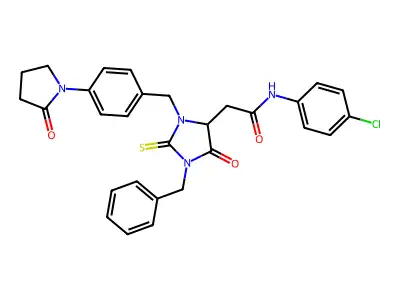 2-[1-benzyl-5-oxo-3-[[4-(2-oxopyrrolidin-1-yl)phenyl]methyl]-2-sulfanylideneimidazolidin-4-yl]-N-(4-chlorophenyl)acetamide structure