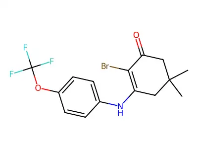 2-Bromo-5,5-dimethyl-3-((4-(trifluoromethoxy)phenyl)amino)cyclohex-2-EN-1-one structure