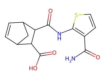 2-[(3-carbamoylthiophen-2-yl)carbamoyl]bicyclo[2.2.1]hept-5-ene-3-carboxylic acid structure