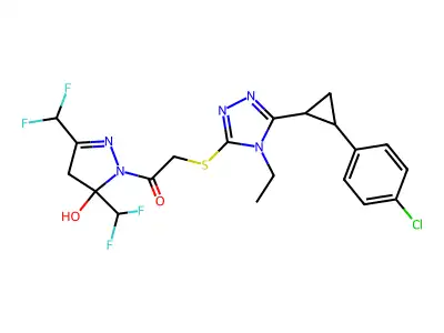 1-[3,5-bis(difluoromethyl)-5-hydroxy-4H-pyrazol-1-yl]-2-[[5-[2-(4-chlorophenyl)cyclopropyl]-4-ethyl-1,2,4-triazol-3-yl]sulfanyl]ethanone structure