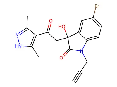 5-bromo-3-[2-(3,5-dimethyl-1H-pyrazol-4-yl)-2-oxoethyl]-3-hydroxy-1-prop-2-ynylindol-2-one structure