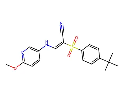 2-(4-Tert-butylphenyl)sulfonyl-3-[(6-methoxy-3-pyridyl)amino]prop-2-enenitrile structure