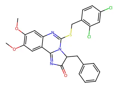 3-benzyl-5-[(2,4-dichlorobenzyl)sulfanyl]-8,9-dimethoxyimidazo[1,2-c]quinazolin-2(3H)-one structure