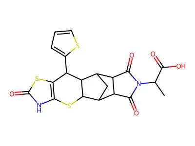 2-((4aR,5R,5aR,8aR,9S)-2,6,8-trioxo-10-(thiophen-2-yl)-2,3,4a,5,5a,6,8a,9,9a,10-decahydro-5,9-methanothiazolo[5',4':5,6]thiopyrano[2,3-f]isoindol-7(8H)-yl)propanoic acid structure