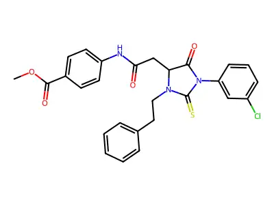 methyl 4-({[1-(3-chlorophenyl)-5-oxo-3-(2-phenylethyl)-2-thioxoimidazolidin-4-yl]acetyl}amino)benzoate structure