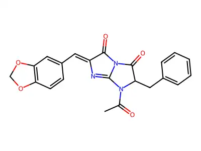 1-acetyl-6-(1,3-benzodioxol-5-ylmethylidene)-2-benzyl-2H-imidazo[1,2-a]imidazole-3,5-dione structure
